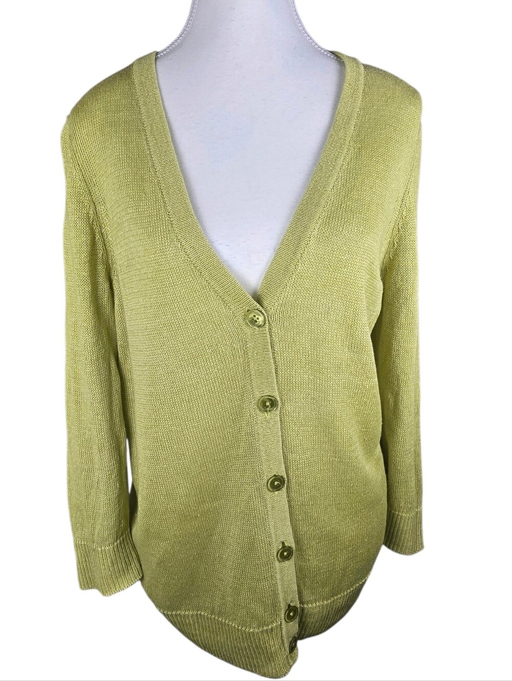 Talbots Green Linen Knit V Neck Button Down Cardigan Medium